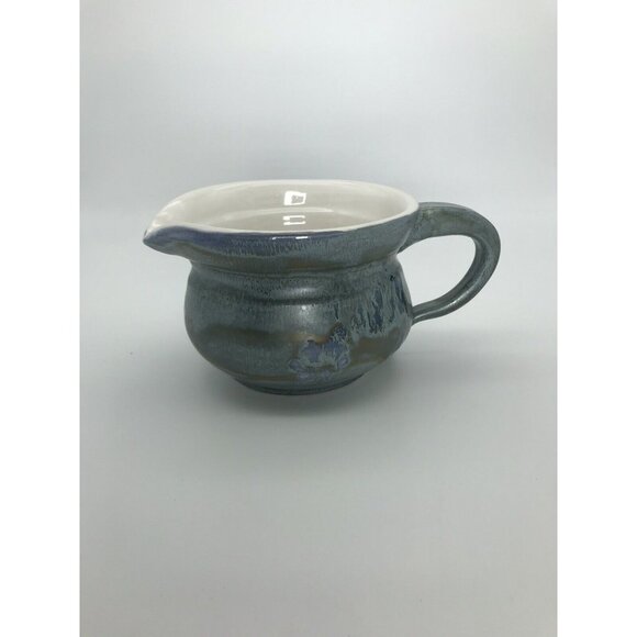 Art Pottery Large Creamer Blue Glaze Signed Dated Handle Ceramic Stoneware Gravy - Picture 2 of 9